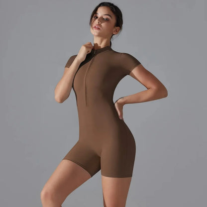 Yoga Set Women's Jumpsuits One-Piece Suit Zipper Short Sleeve Gym Push Up Workout Clothes Fitness Bodysuit Sportswear Tracksuit