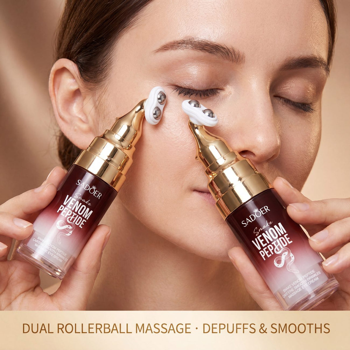 Applying the eye cream with the dual rollerball massage applicator